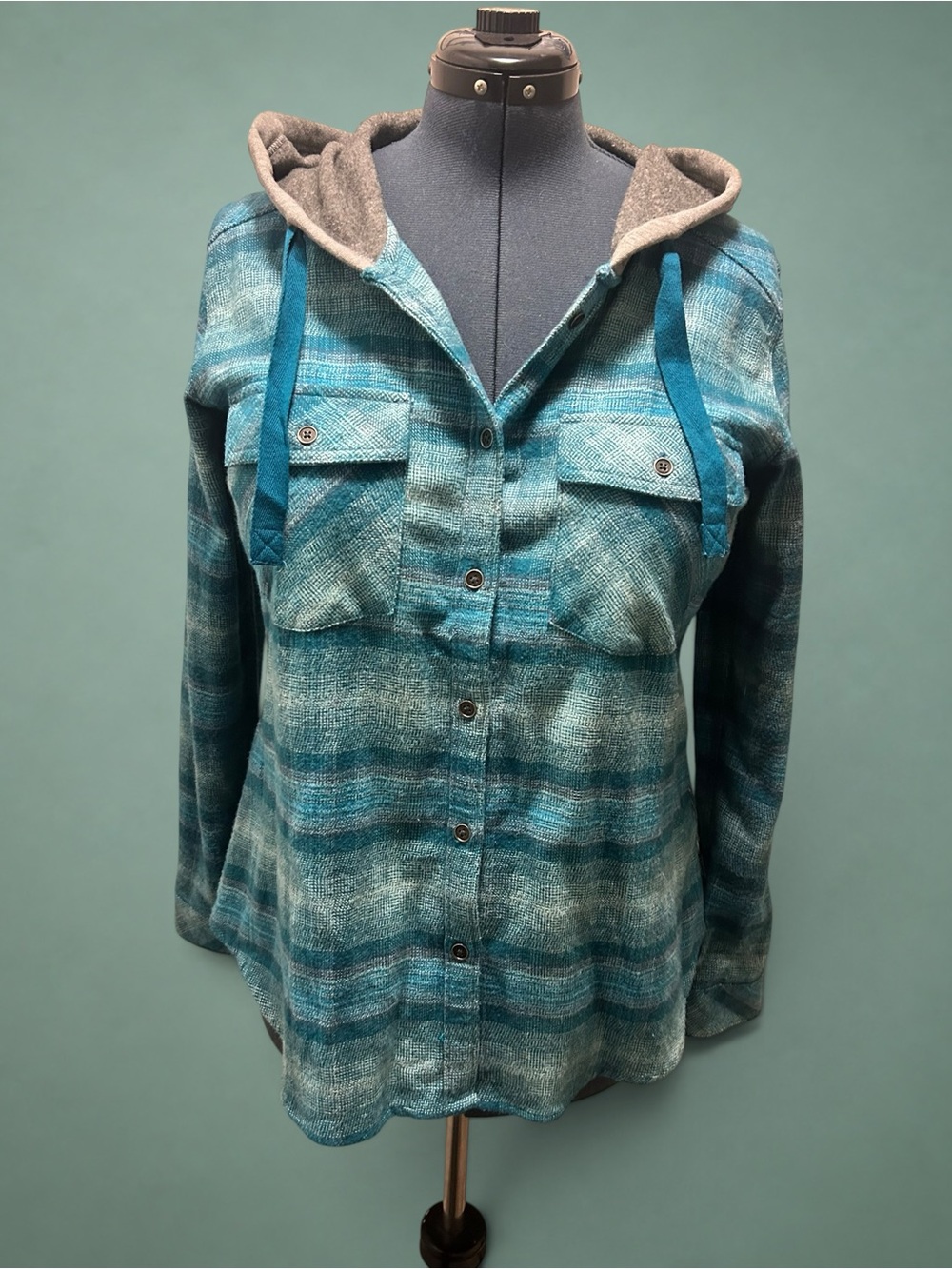 Columbia Women's Hooded Flannel Shirt Teal Blue Plaid Long Sleeve Button Up